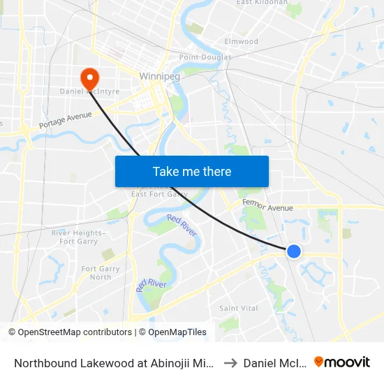Northbound Lakewood at Abinojii Mikanah North to Daniel McIntyre map