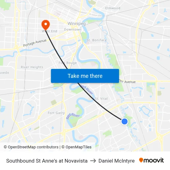 Southbound St Anne's at Novavista to Daniel McIntyre map