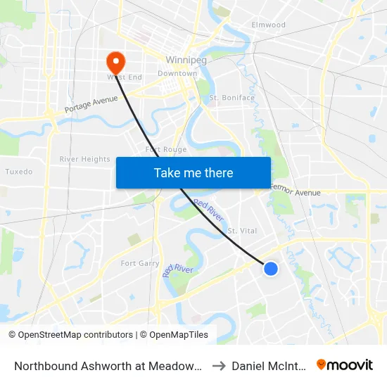 Northbound Ashworth at Meadowood to Daniel McIntyre map