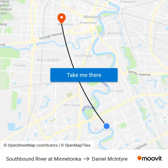 Southbound River at Minnetonka to Daniel McIntyre map