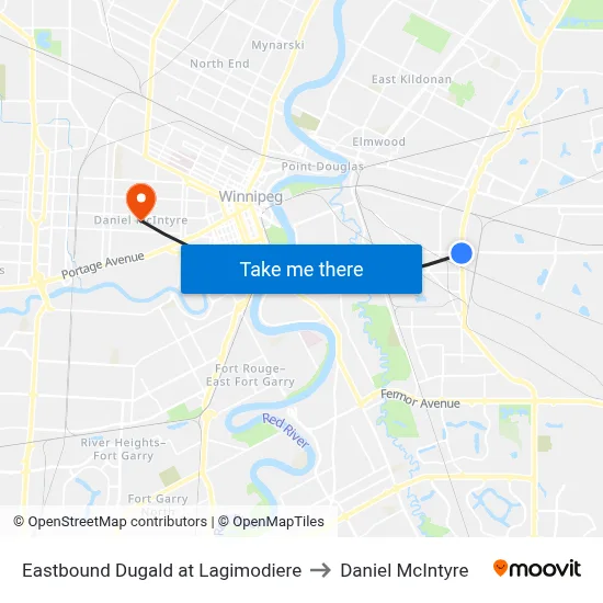 Eastbound Dugald at Lagimodiere to Daniel McIntyre map