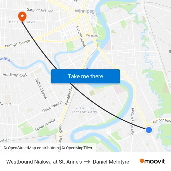 Westbound Niakwa at St. Anne's to Daniel McIntyre map