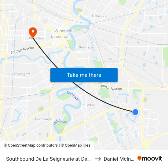 Southbound De La Seigneurie at Desjardins to Daniel McIntyre map