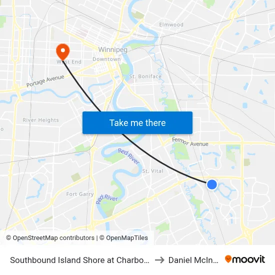 Southbound Island Shore at Charbonneau to Daniel McIntyre map