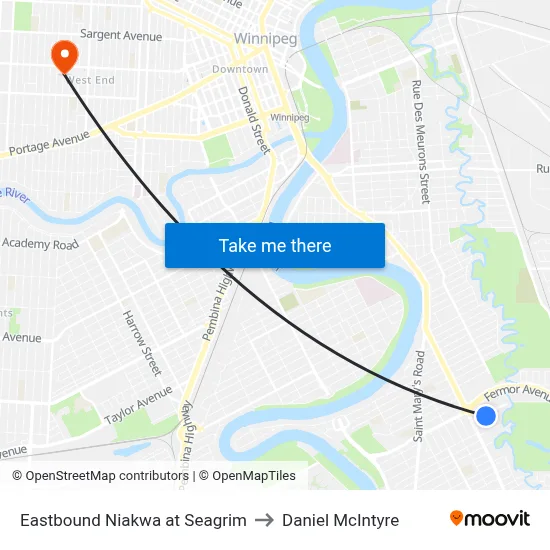 Eastbound Niakwa at Seagrim to Daniel McIntyre map