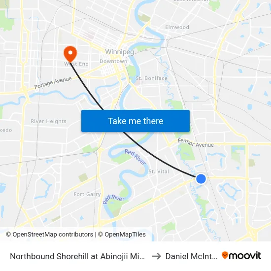 Northbound Shorehill at Abinojii Mikanah to Daniel McIntyre map