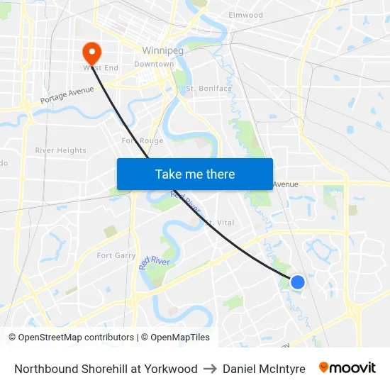 Northbound Shorehill at Yorkwood to Daniel McIntyre map