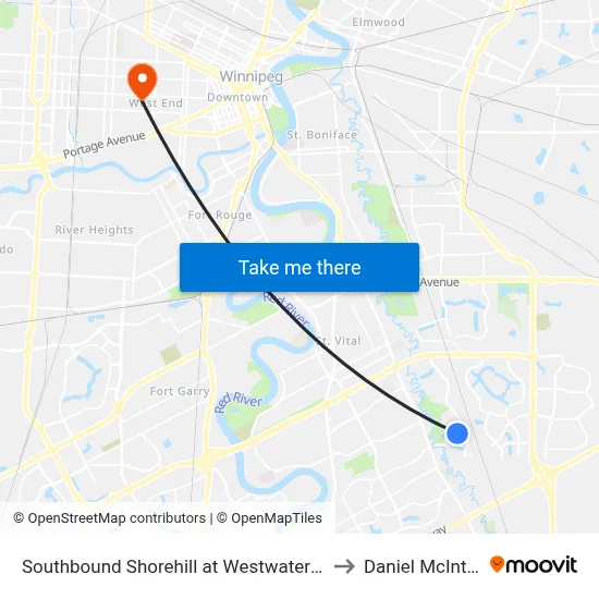 Southbound Shorehill at Westwater East to Daniel McIntyre map