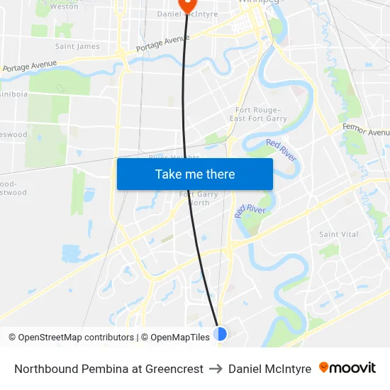Northbound Pembina at Greencrest to Daniel McIntyre map