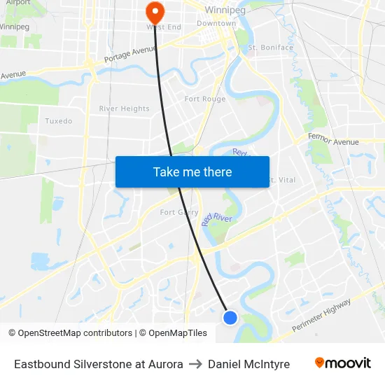 Eastbound Silverstone at Aurora to Daniel McIntyre map