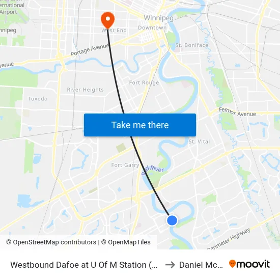 Westbound Dafoe at U Of M Station (662, 671, 672) to Daniel McIntyre map