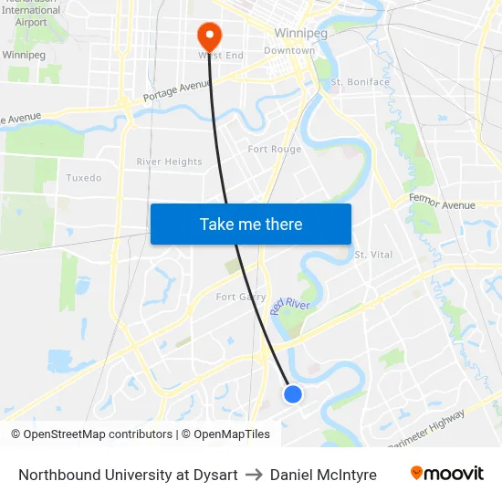 Northbound University at Dysart to Daniel McIntyre map