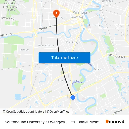 Southbound University at Wedgewood to Daniel McIntyre map