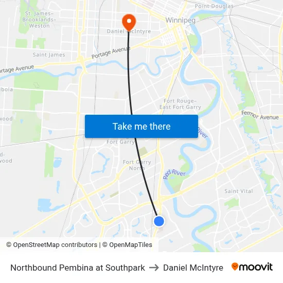 Northbound Pembina at Southpark to Daniel McIntyre map