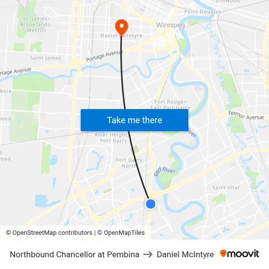 Northbound Chancellor at Pembina to Daniel McIntyre map