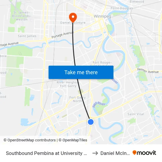 Southbound Pembina at University Crescent to Daniel McIntyre map