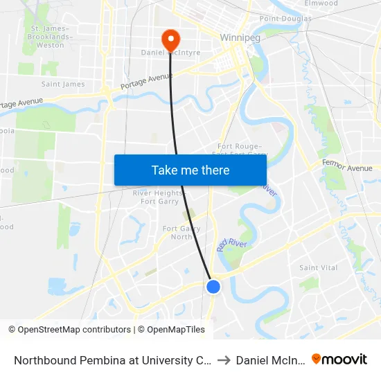 Northbound Pembina at University Crescent to Daniel McIntyre map