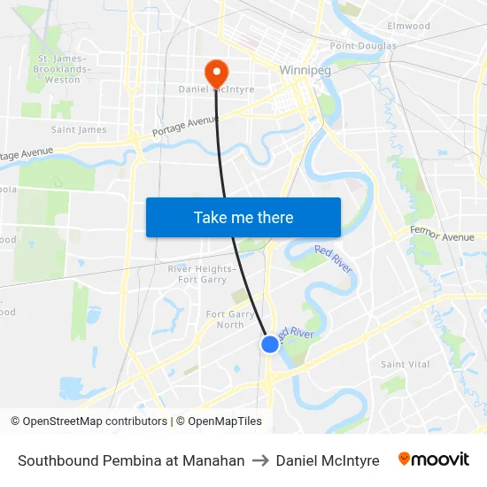 Southbound Pembina at Manahan to Daniel McIntyre map