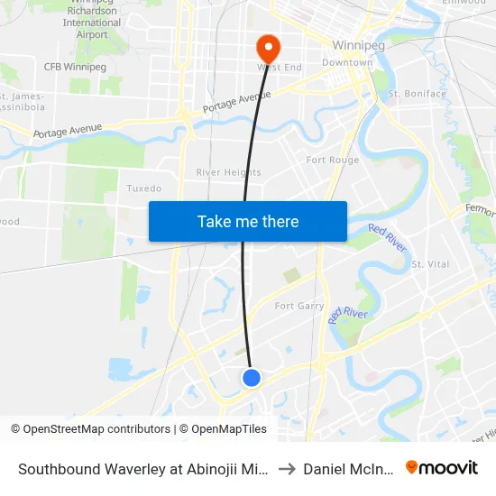 Southbound Waverley at Abinojii Mikanah to Daniel McIntyre map