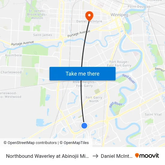 Northbound Waverley at Abinojii Mikanah to Daniel McIntyre map