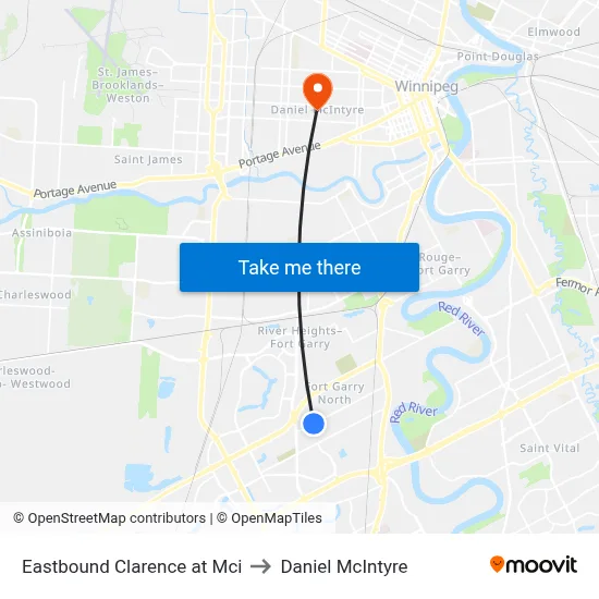 Eastbound Clarence at Mci to Daniel McIntyre map