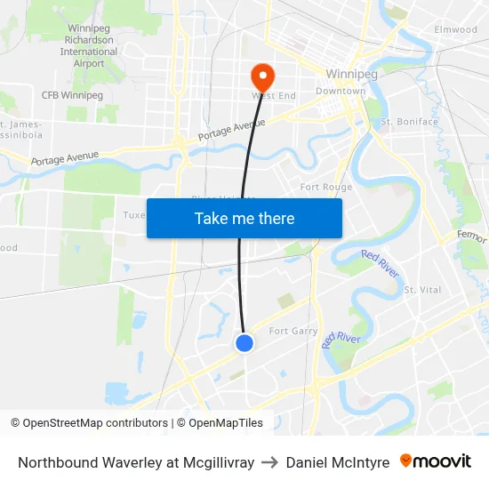 Northbound Waverley at Mcgillivray to Daniel McIntyre map