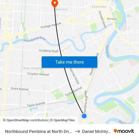 Northbound Pembina at North Drive to Daniel McIntyre map