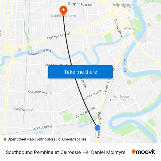 Southbound Pembina at Calrossie to Daniel McIntyre map