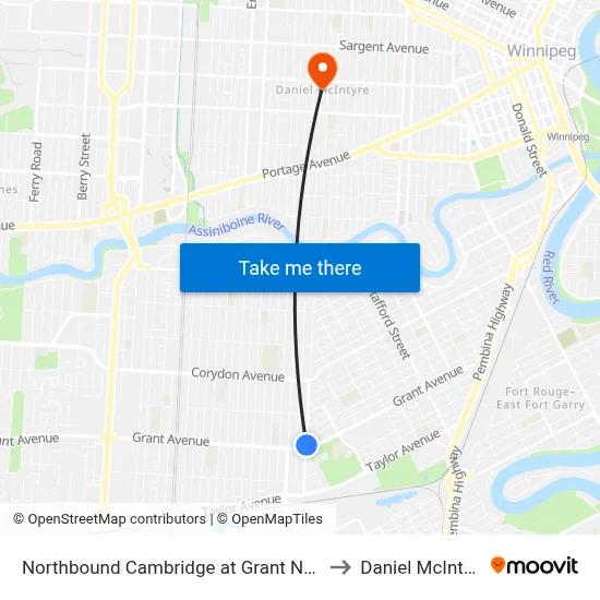 Northbound Cambridge at Grant North to Daniel McIntyre map