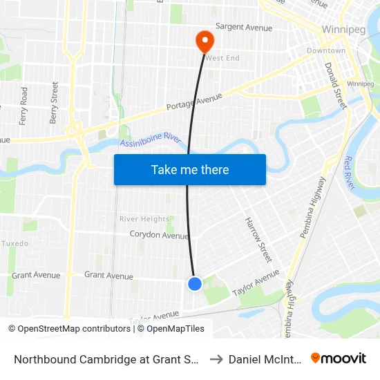 Northbound Cambridge at Grant South to Daniel McIntyre map