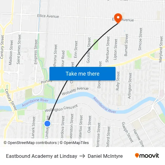 Eastbound Academy at Lindsay to Daniel McIntyre map