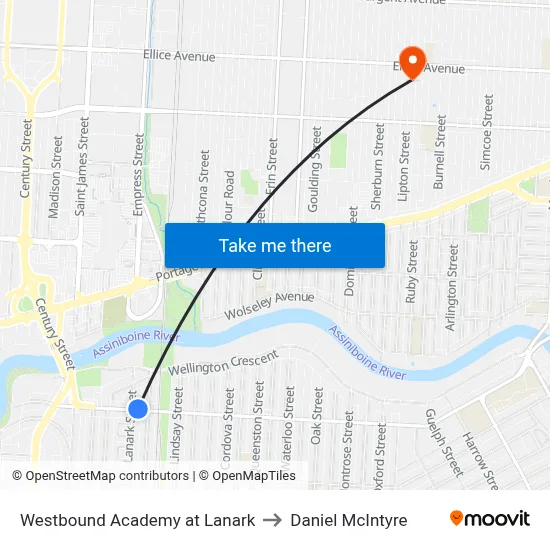 Westbound Academy at Lanark to Daniel McIntyre map