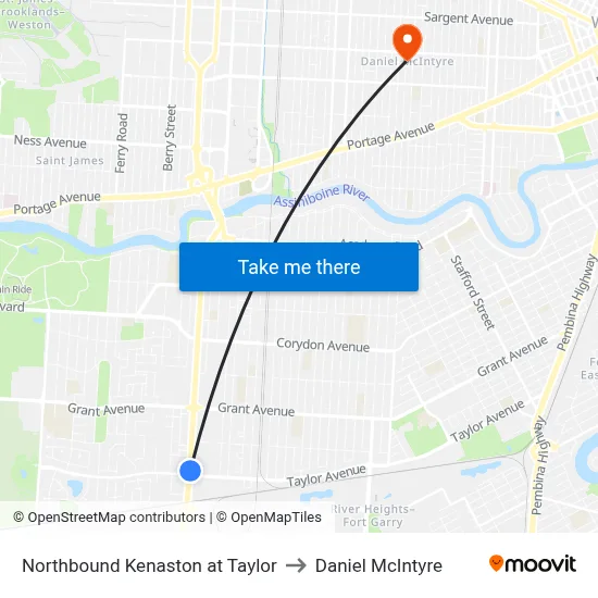 Northbound Kenaston at Taylor to Daniel McIntyre map