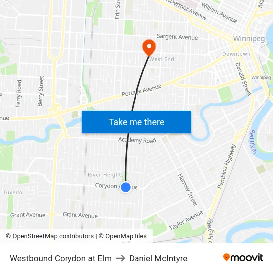 Westbound Corydon at Elm to Daniel McIntyre map