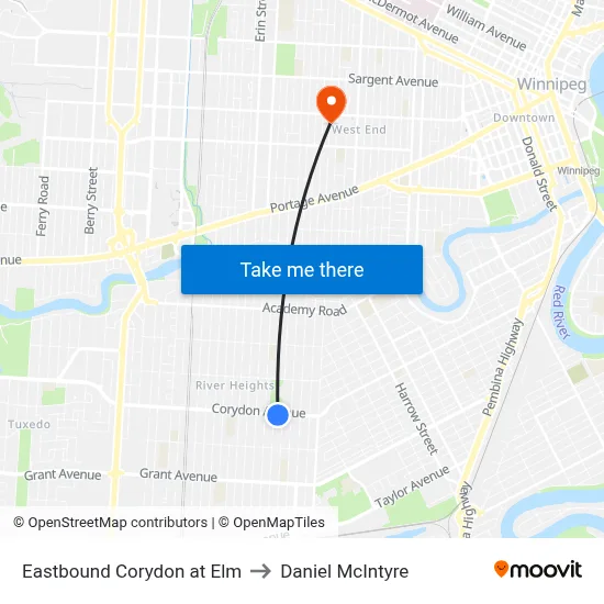 Eastbound Corydon at Elm to Daniel McIntyre map