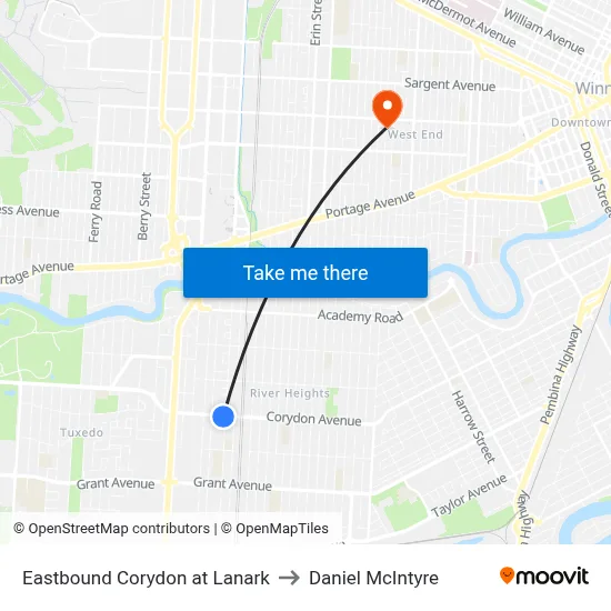 Eastbound Corydon at Lanark to Daniel McIntyre map