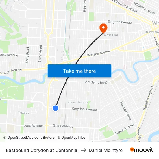Eastbound Corydon at Centennial to Daniel McIntyre map
