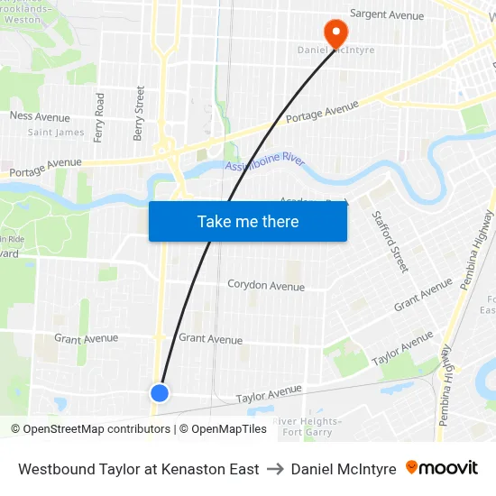 Westbound Taylor at Kenaston East to Daniel McIntyre map