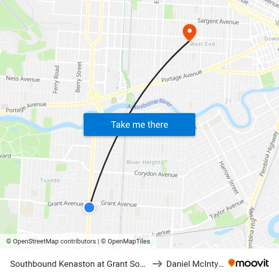 Southbound Kenaston at Grant South to Daniel McIntyre map