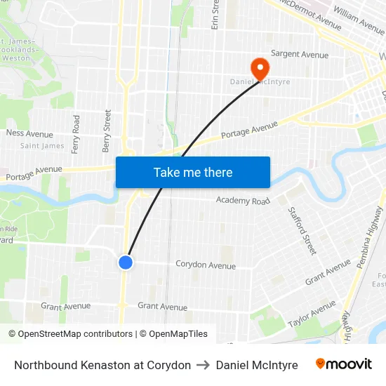 Northbound Kenaston at Corydon to Daniel McIntyre map