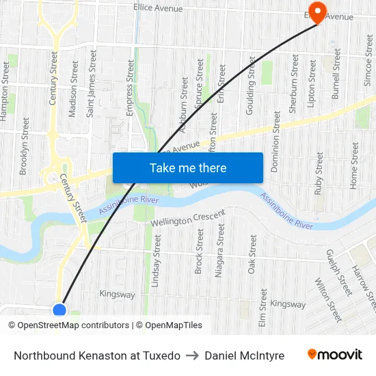Northbound Kenaston at Tuxedo to Daniel McIntyre map