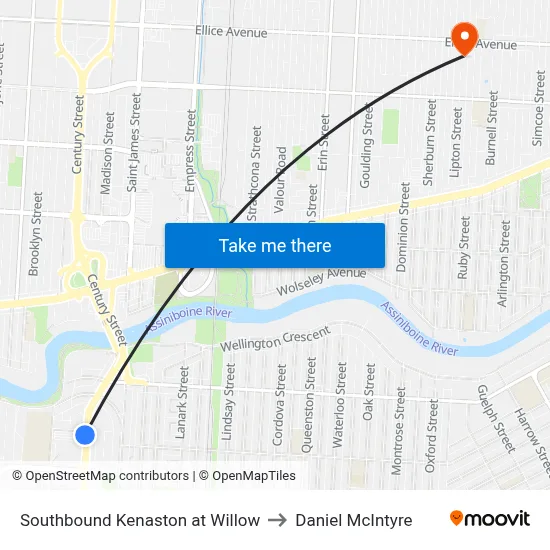Southbound Kenaston at Willow to Daniel McIntyre map