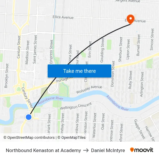 Northbound Kenaston at Academy to Daniel McIntyre map