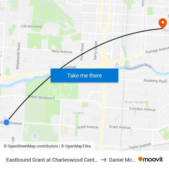 Eastbound Grant at Charleswood Centre (Park & Ride) to Daniel McIntyre map