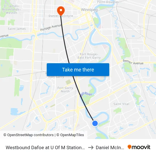 Westbound Dafoe at U Of M Station (Blue) to Daniel McIntyre map