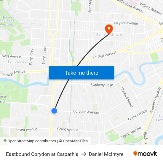 Eastbound Corydon at Carpathia to Daniel McIntyre map