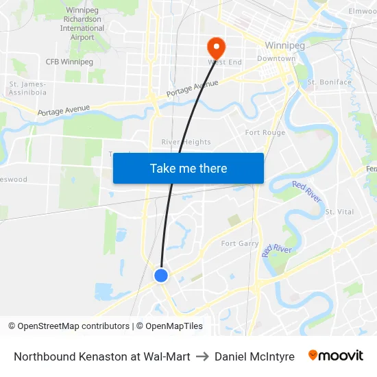 Northbound Kenaston at Wal-Mart to Daniel McIntyre map