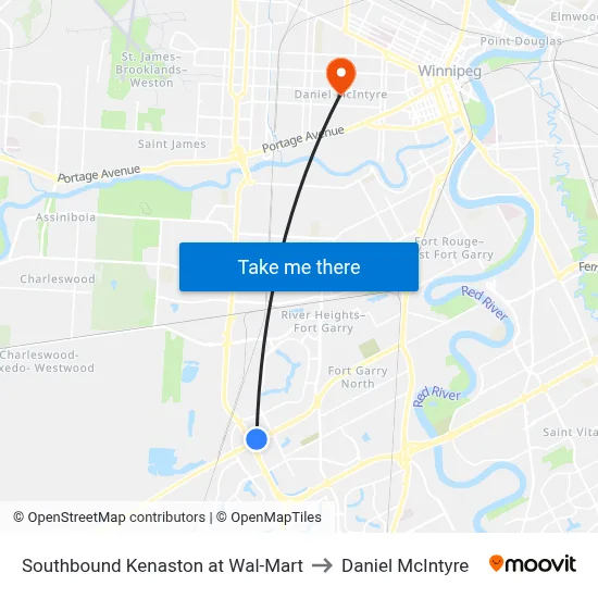 Southbound Kenaston at Wal-Mart to Daniel McIntyre map