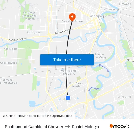 Southbound Gamble at Chevrier to Daniel McIntyre map