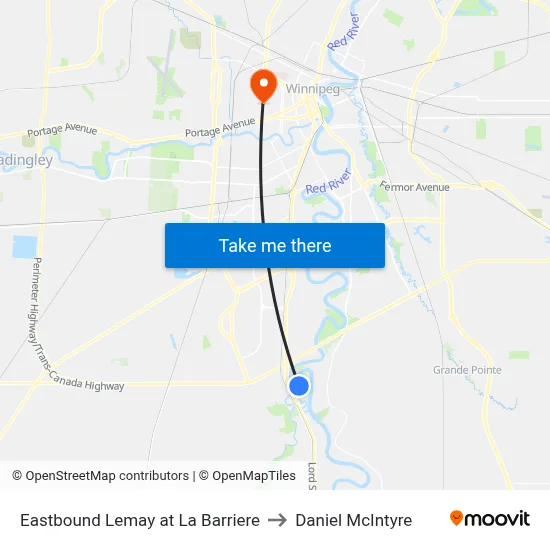 Eastbound Lemay at La Barriere to Daniel McIntyre map